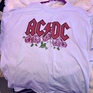 AC/DC White Tee with Red Logo and Pink Roses